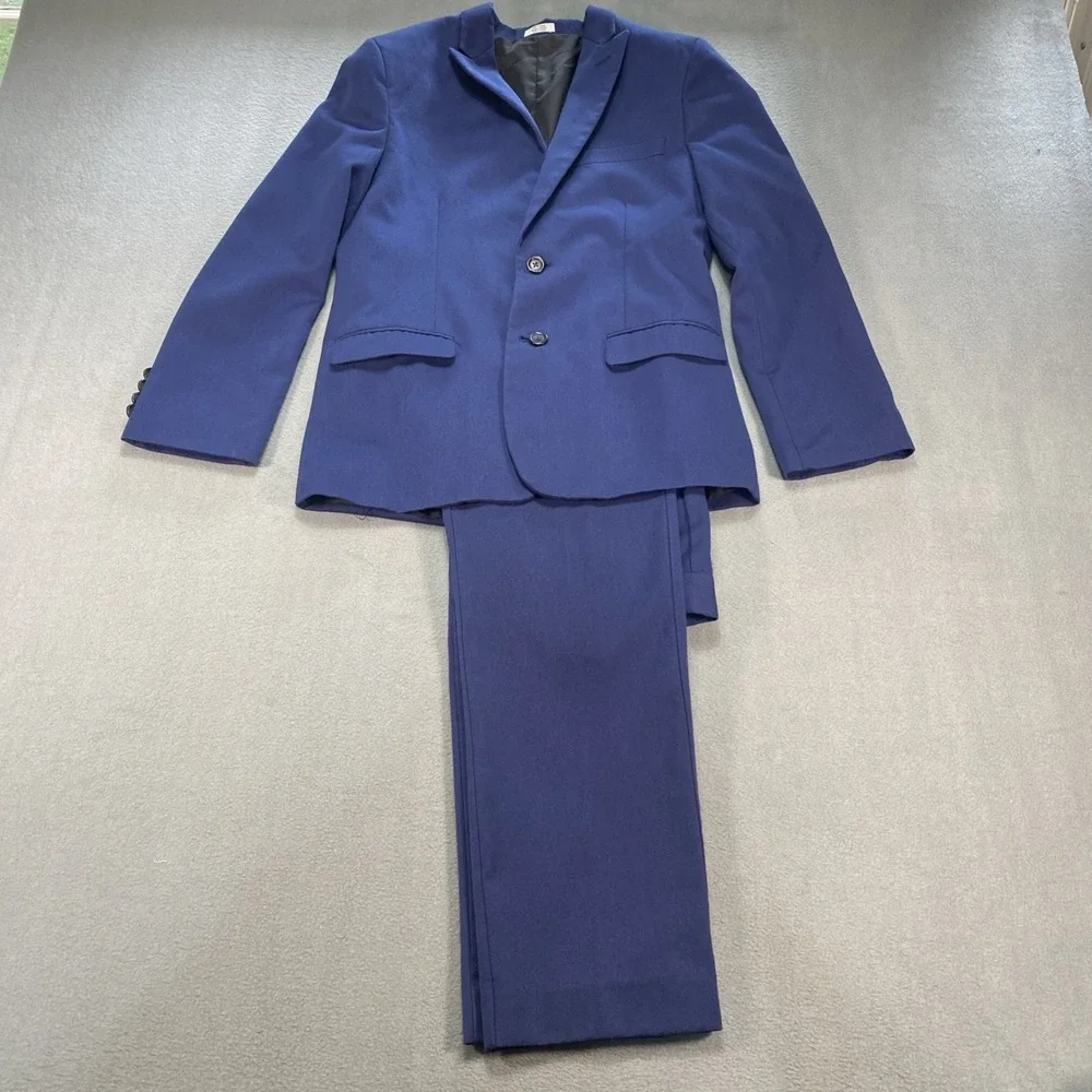 Calvin Klein Boys 14 Dress Suit Blue Blazer With Flat Front Pants Slash Pockets